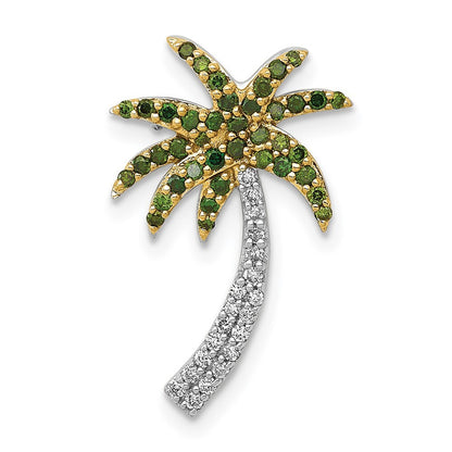 14k White Gold White and Green Diamond Palm Tree Chain Slide Pendant for Women