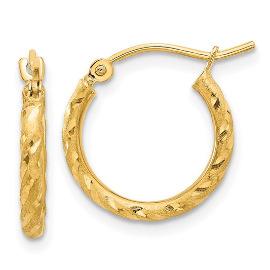 14k Yellow Gold Polished and Satin Diamond-Cut 2.00mm Hoop Earrings