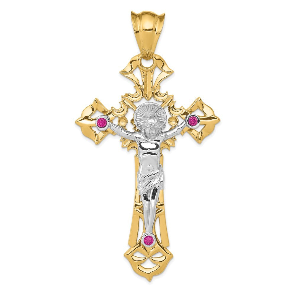 14k Two-Tone Gold Polished with Red Cubic Zirconias Crucifix Pendant