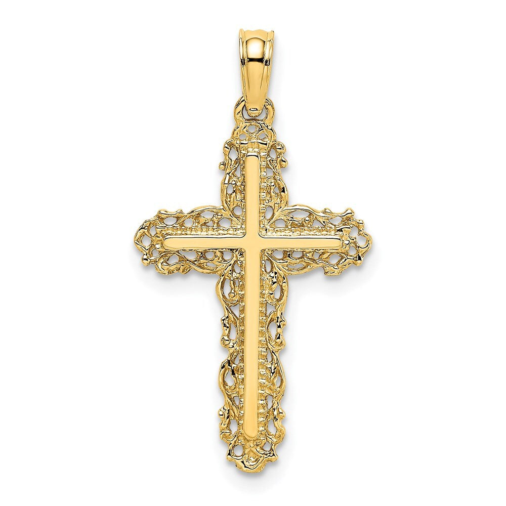 14k Yellow Gold Cross  Filigree Lace Trim Charm Pendant for Women