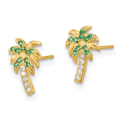 14k Yellow Gold Madi K Green & Clear CZ Palm Tree Post Earrings