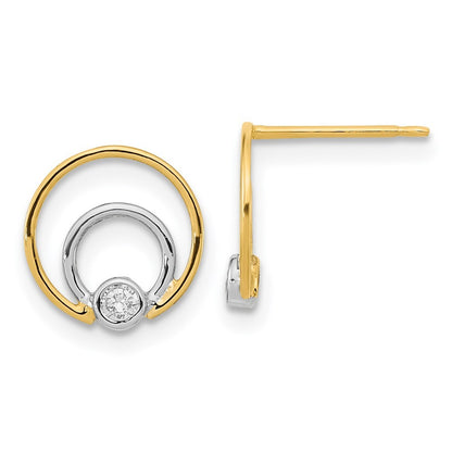 14k Yellow Gold Polished White Rhodium CZ Double Circle Earrings