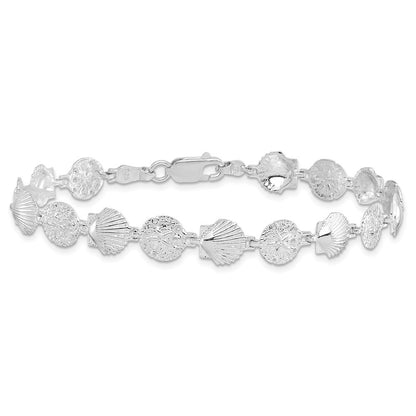 Sterling Silver Rhodium-plated Polished Sand Dollar and Shell 7.25 inch Bracelet