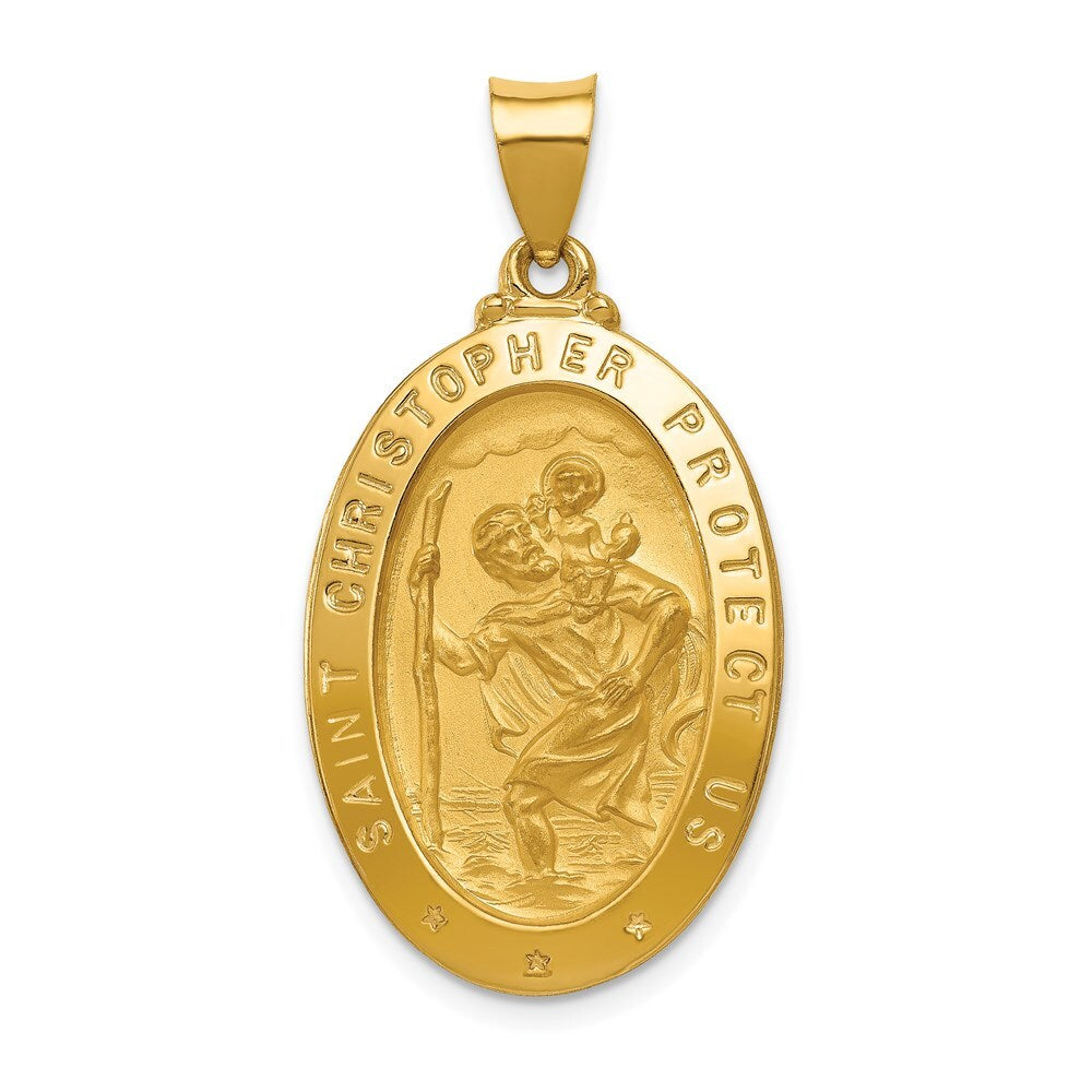 14k Yellow Gold Polished and Satin St Christopher Medal Hollow Pendant for Women