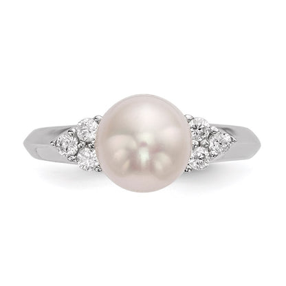 Sterling Silver 8-9mm White Button Freshwater Cultured Pearl and CZ Ring
