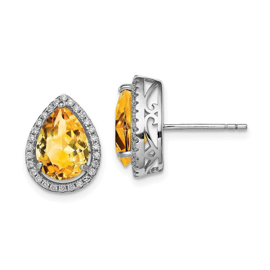 Sterling Silver Rhodium Polished Citrine & CZ Earrings