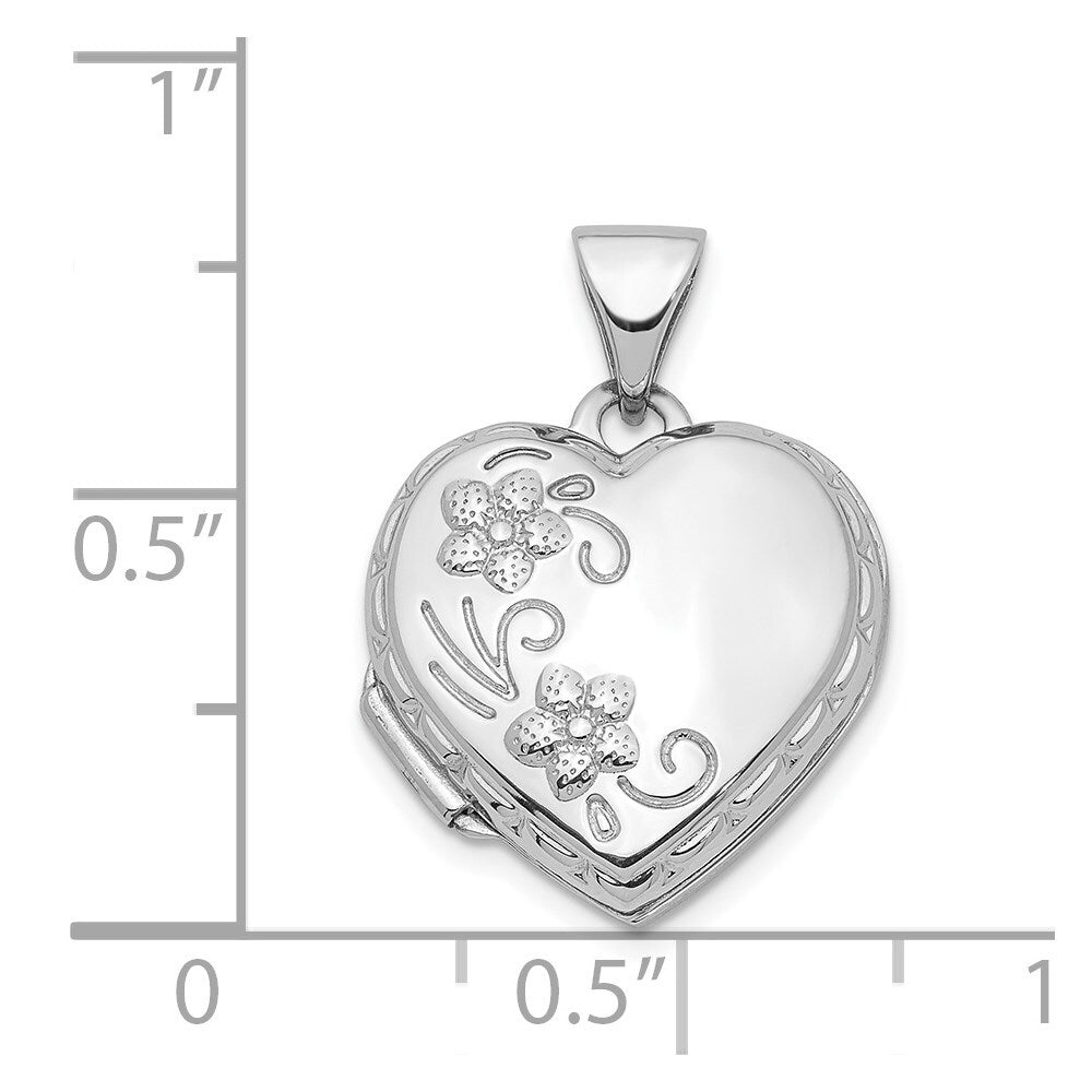 14k White Gold Polished 15mm Floral Heart Locket Pendant for Women