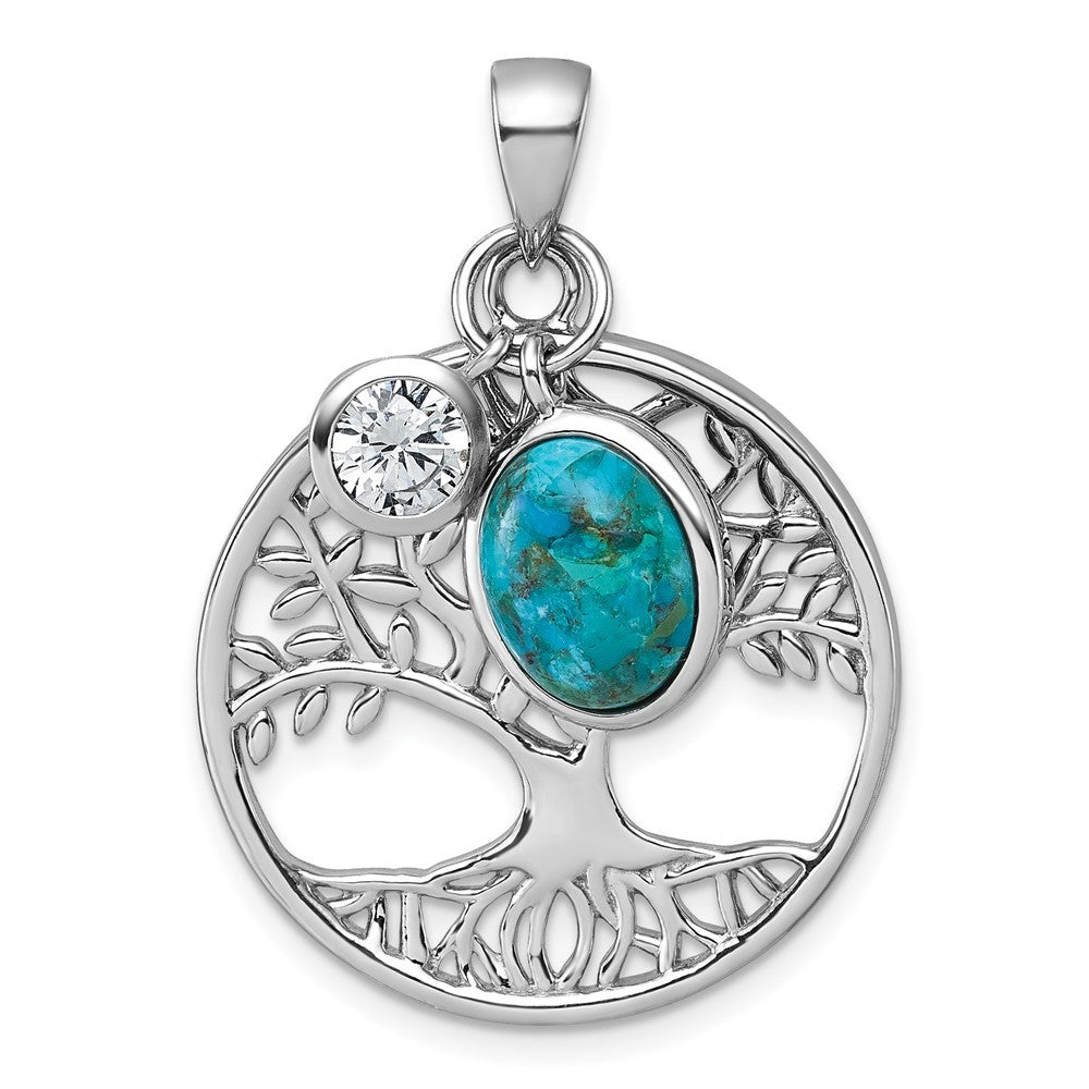 Sterling Silver Polished CZ & Compressed Turquoise Cabochon Tree of Life Pendant