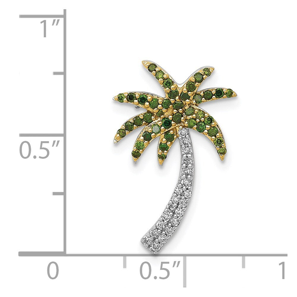 14k White Gold White and Green Diamond Palm Tree Chain Slide Pendant for Women