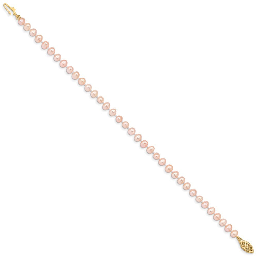 14k Yellow Gold 4-5mm Pink Near-Round Freshwater Cultured Pearl 7.5" Bracelet