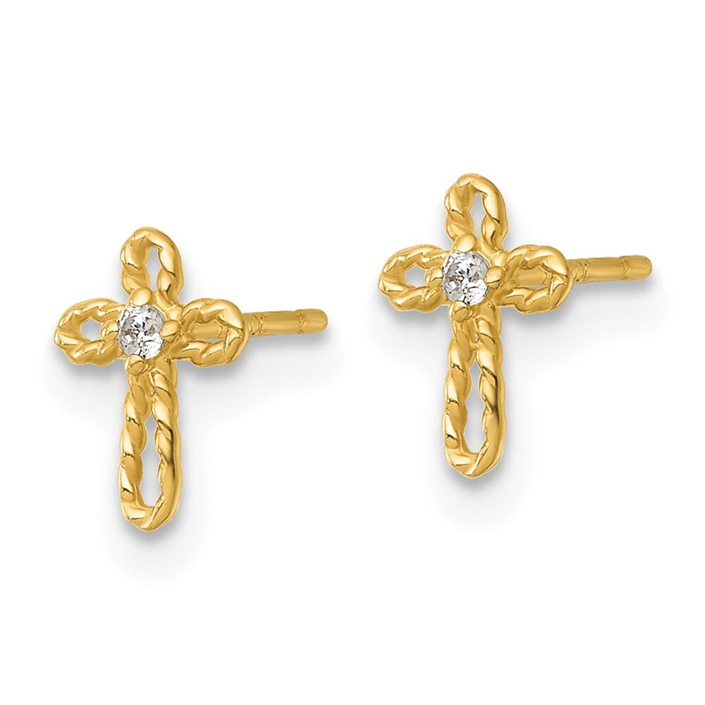 14k Yellow Gold Polished and Twisted Cubic Zirconia Cross Stud Earrings