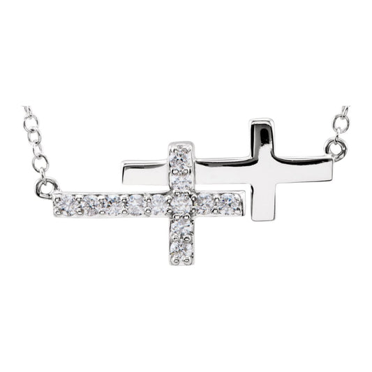 14k White Gold 1/5 CTW Diamond Double Sideways Cross Pendant Necklace 18"