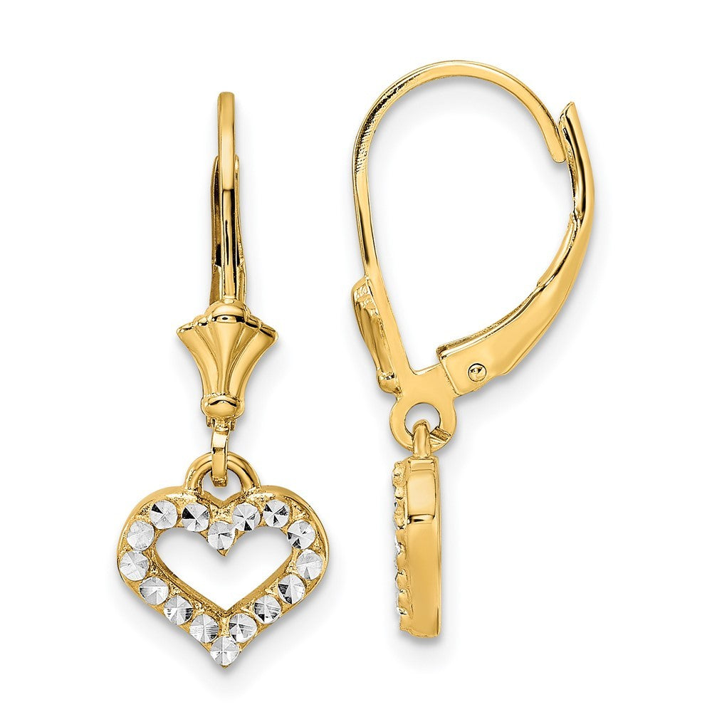 14k Yellow Gold & White Rhodium Diamond-Cut Heart Leverback Earrings