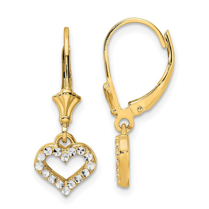 14k Yellow Gold & White Rhodium Diamond-Cut Heart Leverback Earrings