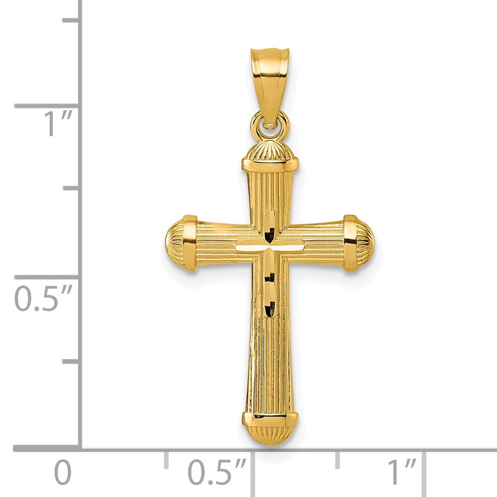 14k Yellow Gold Polished and Diamond-cut Grooved Cross Pendant