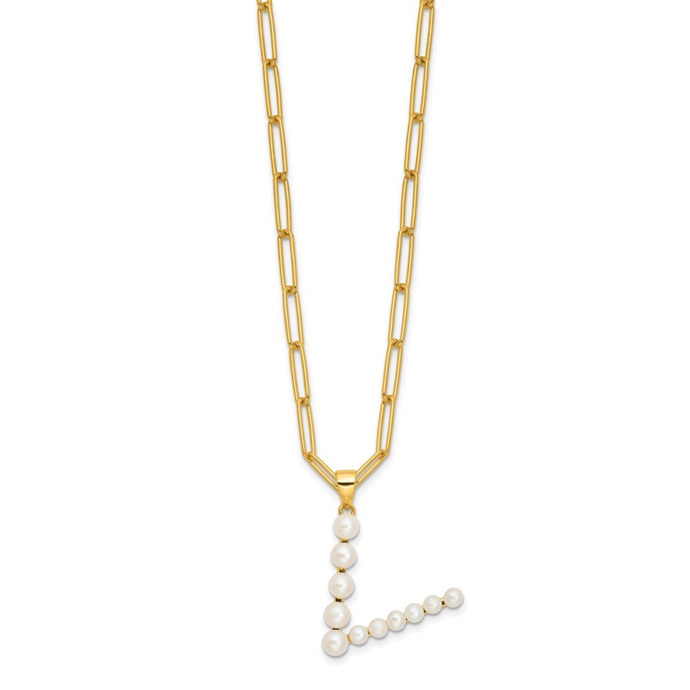 Sterling Silver 3-5.5mm White Button Cultured Pearl LETTER V Necklace 18"