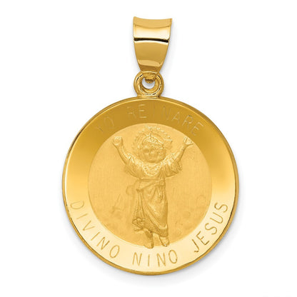 14k Yellow Gold Polished Satin Hollow Divino Nino Round Medal Pendant