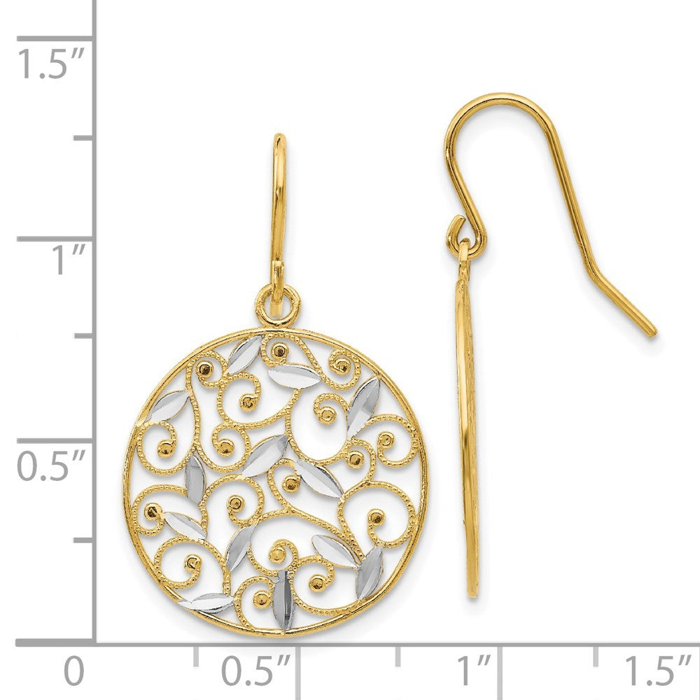 14k Yellow Gold and Rhodium Diamond-cut Filigree Circle Wire Earrings