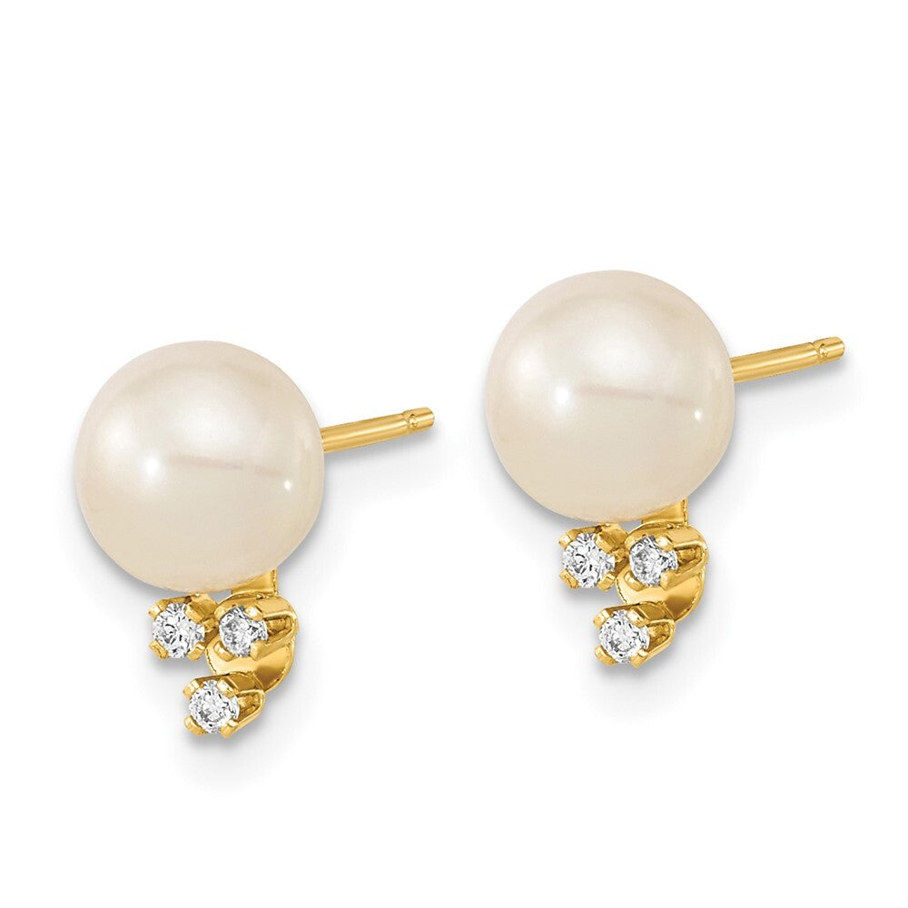 14k Yellow Gold 6-7mm Cultured Pearl & .06 Carat Diamond Stud Earrings for Women