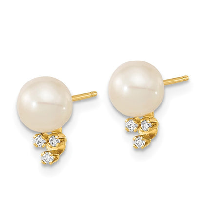 14k Yellow Gold 6-7mm Cultured Pearl & .06 Carat Diamond Stud Earrings for Women