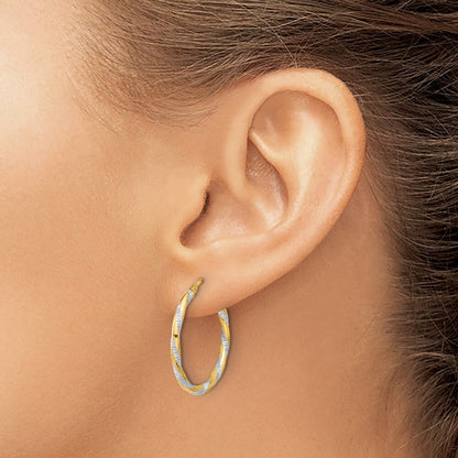 14k Yellow Gold and White Rhodium Polished Diamond-cut Hoop Earrings