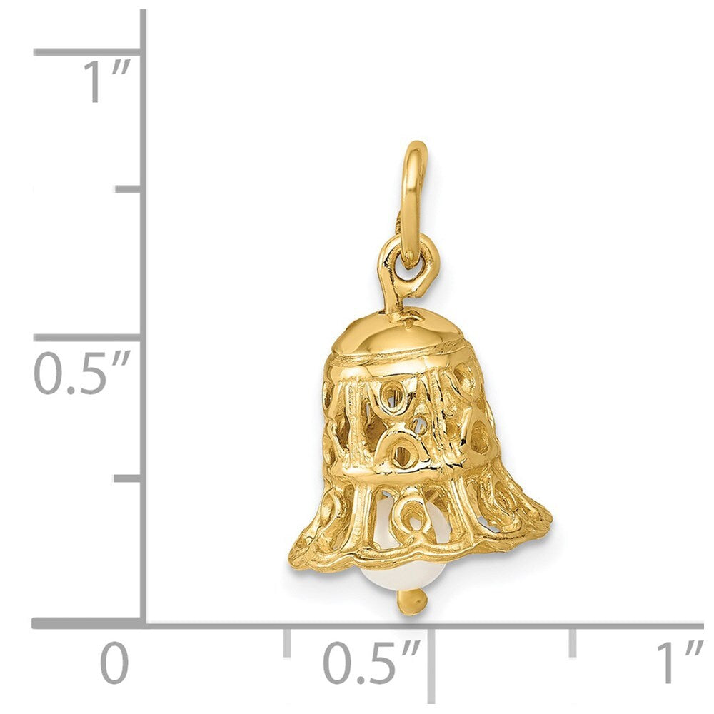 14k Yellow Gold 3D Wedding Bell w/ Fresh Water Cultured Pearl Charm Pendant
