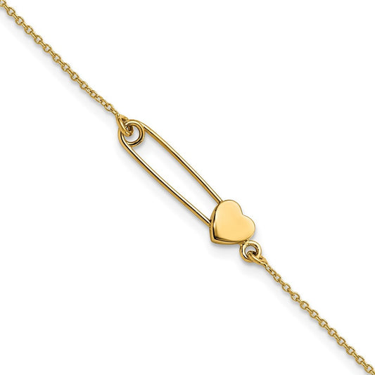 14k Yellow Gold Safety Pin with Heart 7 inch Bracelet