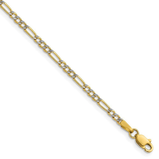 14k Yellow Gold 2.3mm Semi-solid with Rhodium Figaro Chain Bracelet