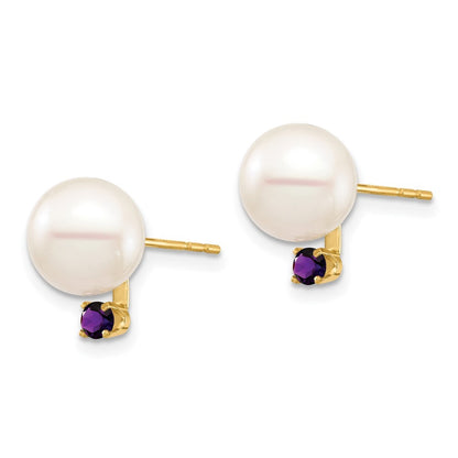 14k Yellow Gold 8-8.5mm Freshwater Cultured Pearl &  Amethyst Earrings