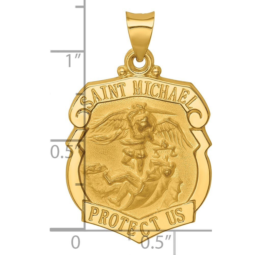 14k Yellow Gold Polished and Satin St. Michael Badge Medal Hollow Pendant