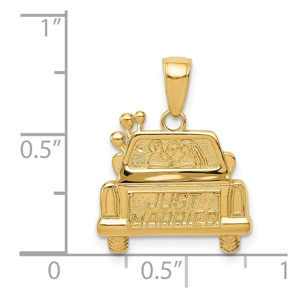 14k Yellow Gold Polished and Textured JUST MARRIED Car Pendant