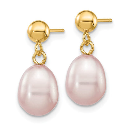 14k Yellow Gold 7-8mm Purple Rice Freshwater Cultured Pearl Post Dangle Earrings