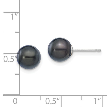 14k White Gold 7-8mm Black Round Akoya Saltwater Cultured Pearl Stud Earrings