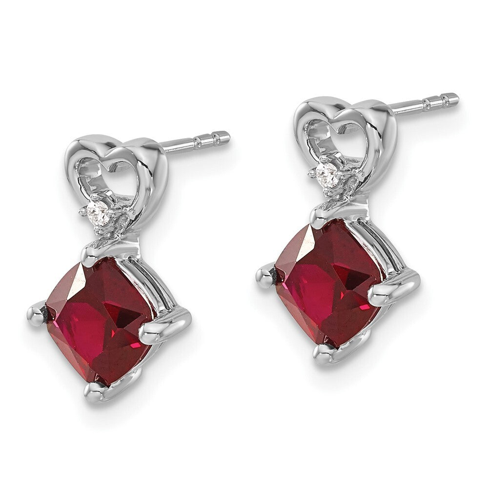 14k White Gold Created Ruby and Diamond Heart Drop & Dangle Earrings