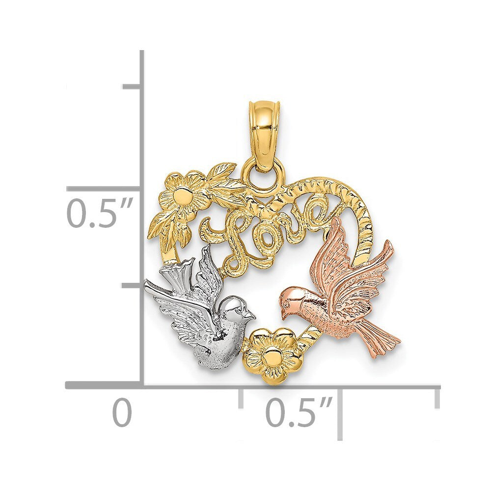 14k Yellow and Rose Gold Rhodium LOVE Doves Heart Charm Pendant for Women
