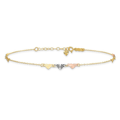 14K Tri-Color Diamond-cut Hearts 10" Anklet