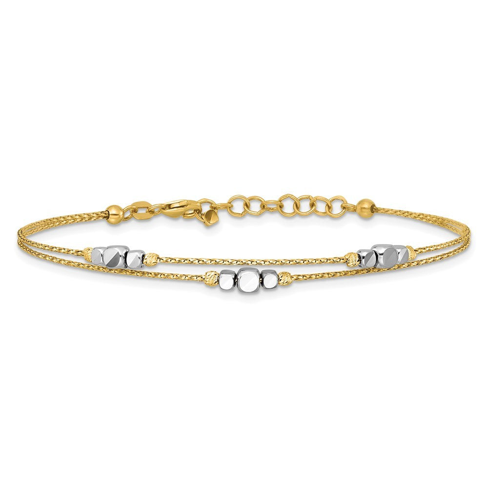 14K Two-Tone Polished Diamond-cut Double Strand Beaded 7" Bracelet with 1" Ext