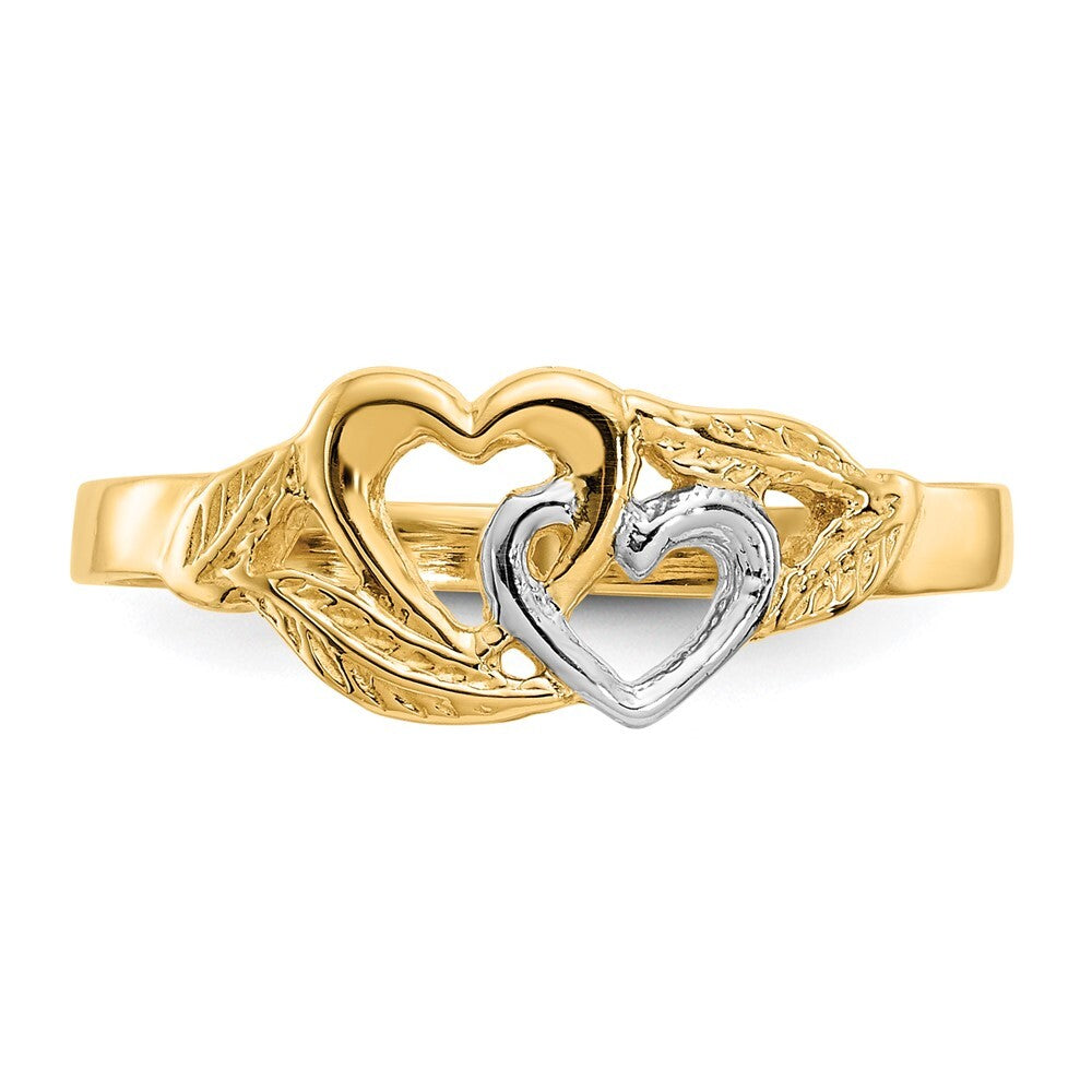 14K Yellow Gold and White Rhodium Polished 2 Hearts Ring