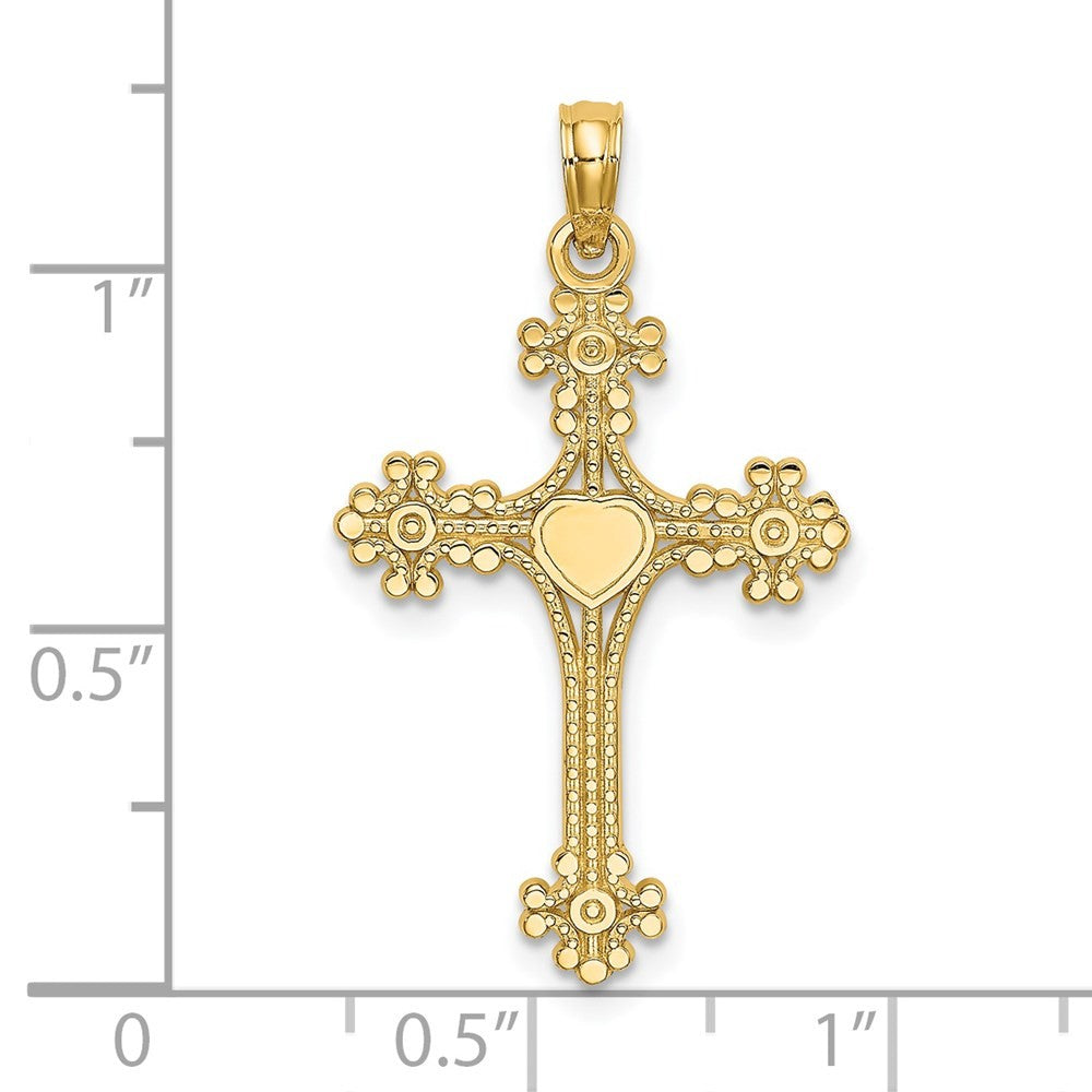 14k Yellow Gold Beaded Tip Cross Heart Center Charm Pendant