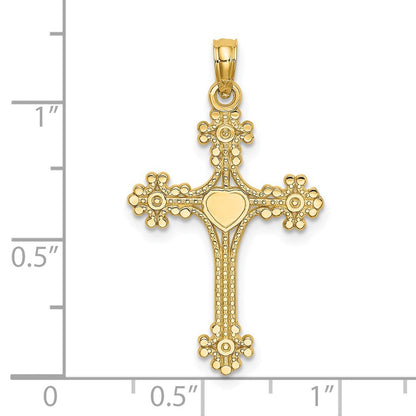 14k Yellow Gold Beaded Tip Cross Heart Center Charm Pendant
