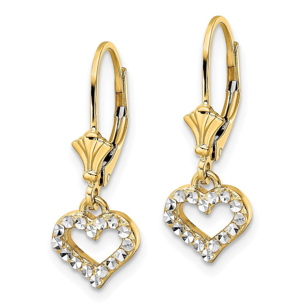 14k Yellow Gold & White Rhodium Diamond-Cut Heart Leverback Earrings