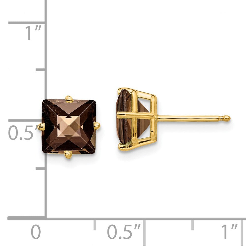 14k Yellow Gold 7mm Square Checker-Cut Smoky Quartz Stud Earrings