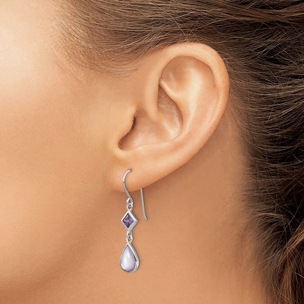 Sterling Silver Polished Purple Cubic Zirconia & MOP Teardrop Dangle Earrings