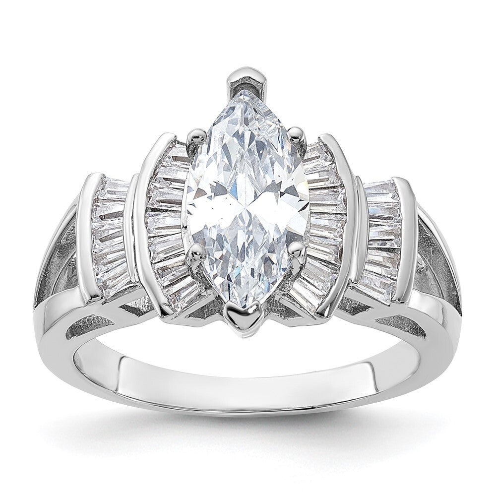 Sterling Silver Rhodium-plated Marquise Shape Center Cubic Zirconia Ring Size 8