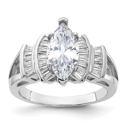 Sterling Silver Rhodium-plated Marquise Shape Center Cubic Zirconia Ring Size 8
