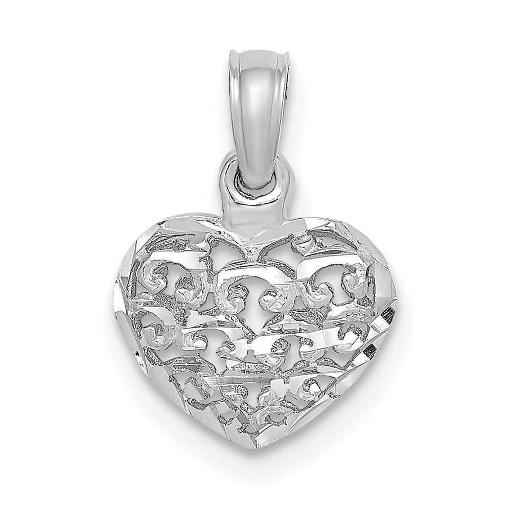 14K White Gold 3-D Diamond-cut Mini Puffed Heart Charm