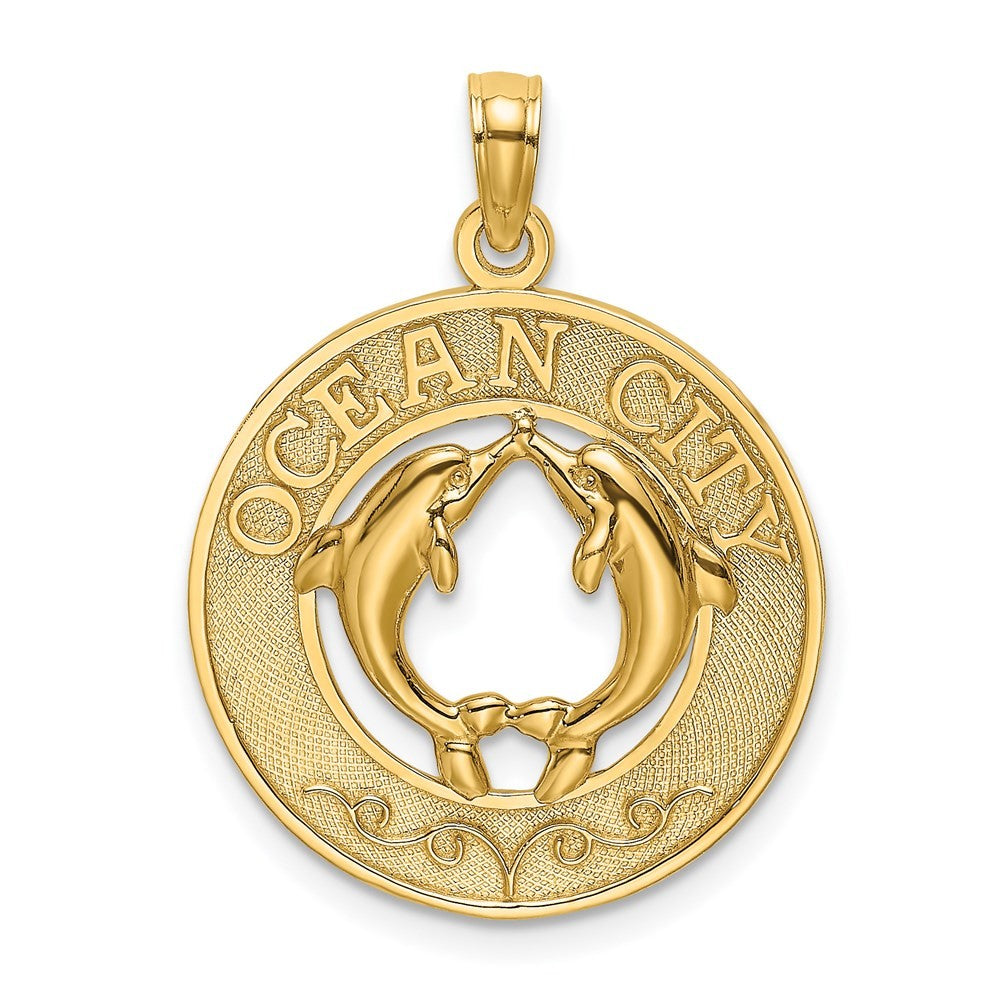 14k Yellow Gold OCEAN CITY w/ Dolphins Charm