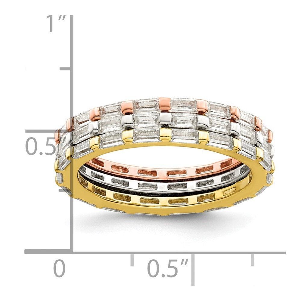 Sterling Silver Rose & Gold-tone Baguette CZ Eternity 3 Band Set Size 8