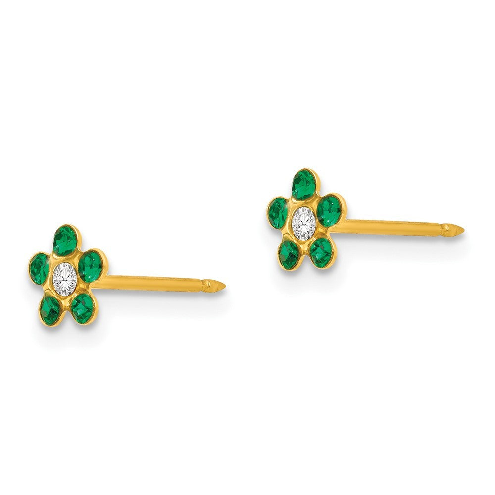 14k Yellow Gold May Green Crystal Birthstone Flower Earrings