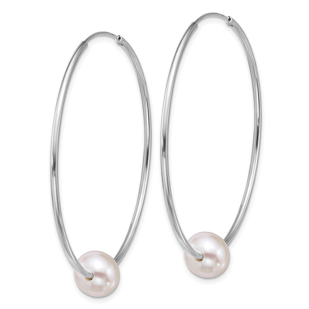 Sterling Silver 8-9mm White Semi-Round Freshwater Cultured Pearl Hoop Earrings